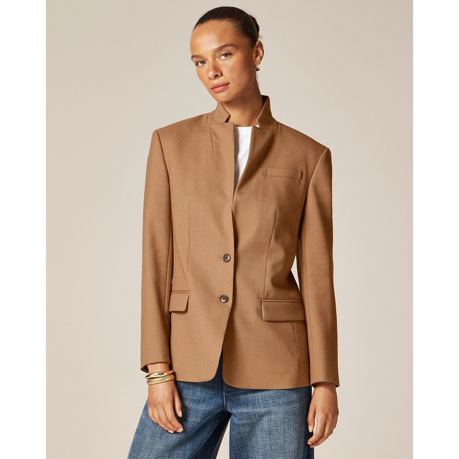 J. Crew Women's Standing Collar Blazer In Wool-Blend Flannel Tan Size 12 Nwt